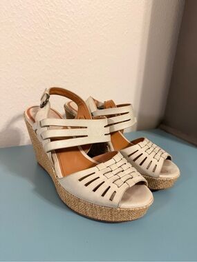 Trask Cream Woven Leather Wedge Sandals - Size 7.5